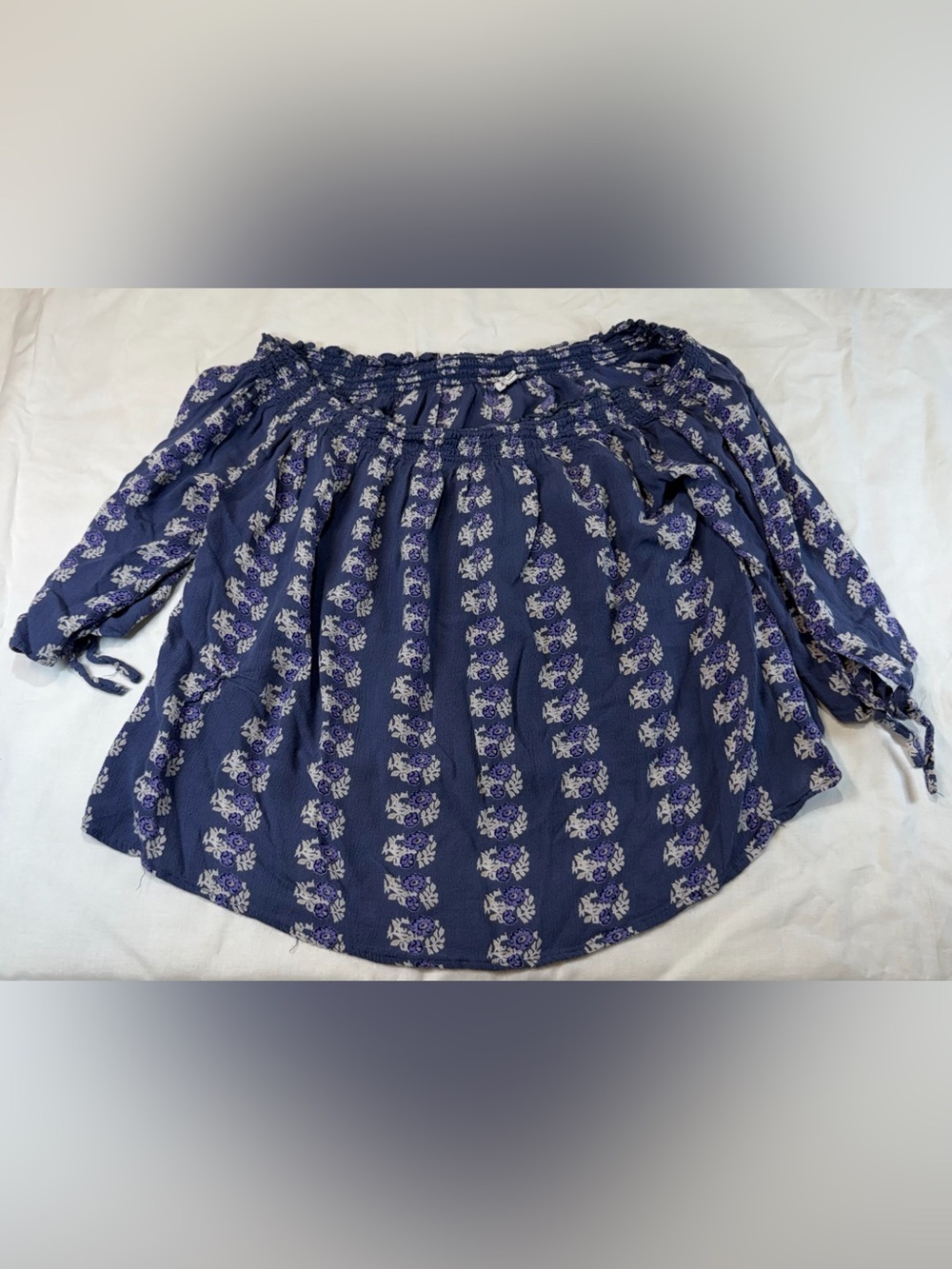 En Crème Navy Blue Off-Shoulder Floral Peasant Top